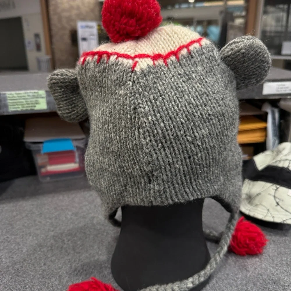 World Market Sock Monkey Beanie Hat Unisex OS Gray Wool Fleece Lined Excellent